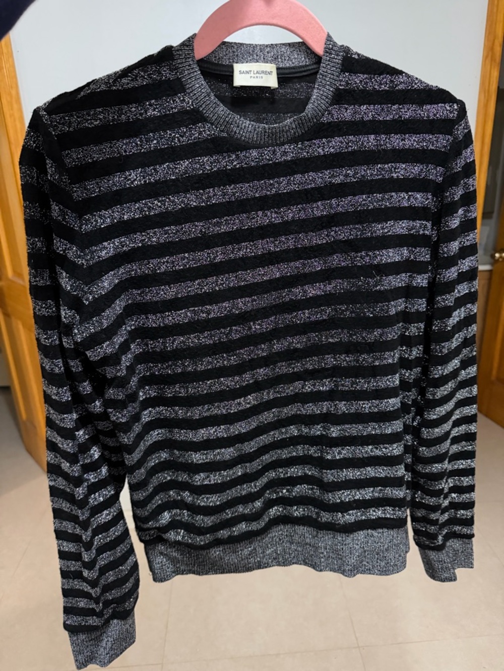 Saint Laurent Black Sweater with Silver Metallic Stripes